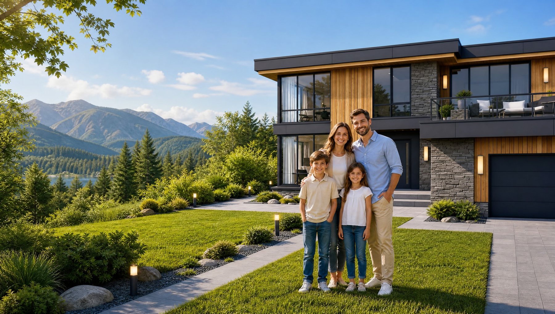 House exterior with family playing on lawn