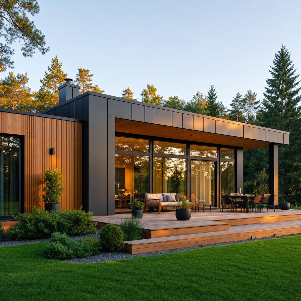 Modern Scandinavian flat-roof home at golden hour surrounded by green summer garden