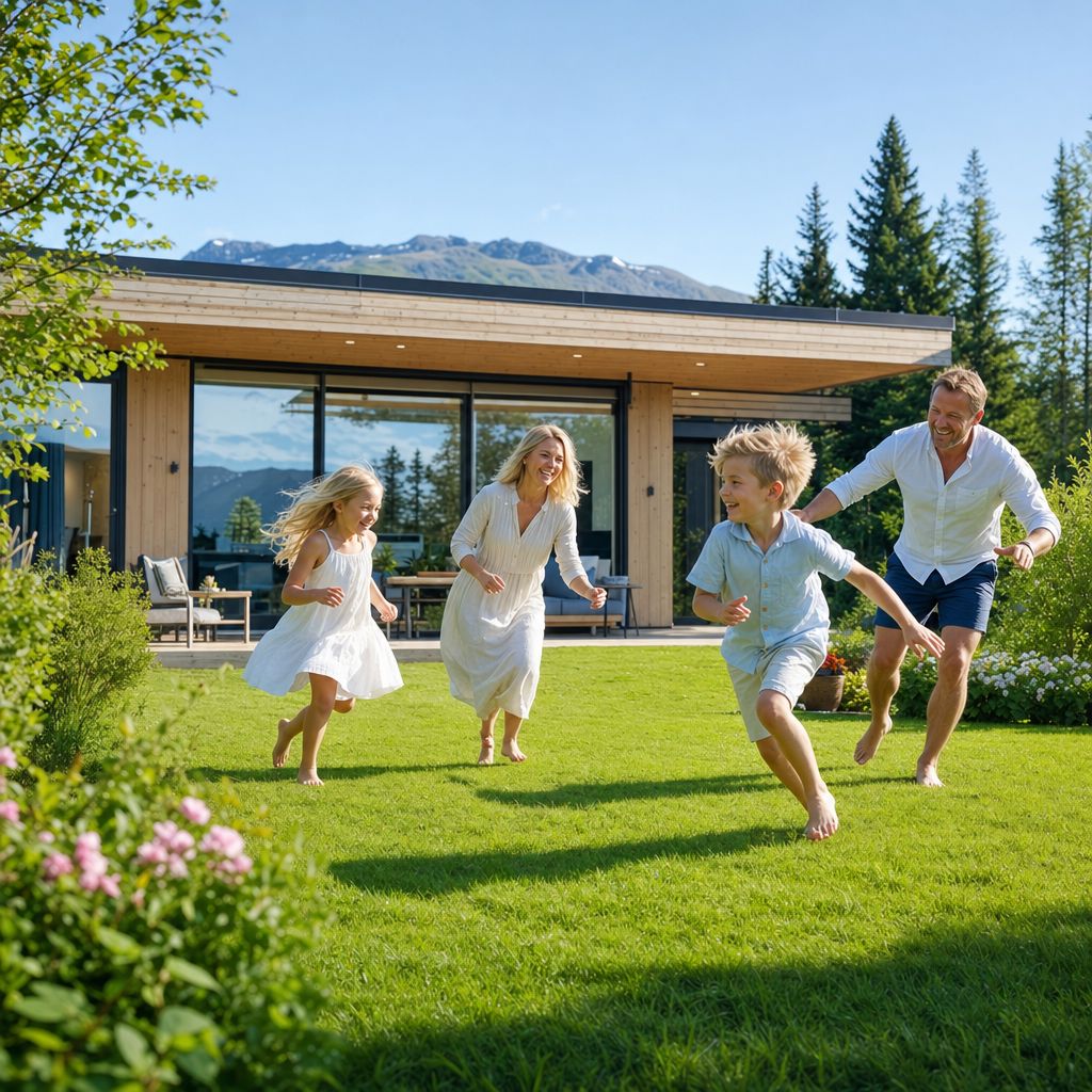 Family relaxing on their green lawn in summer